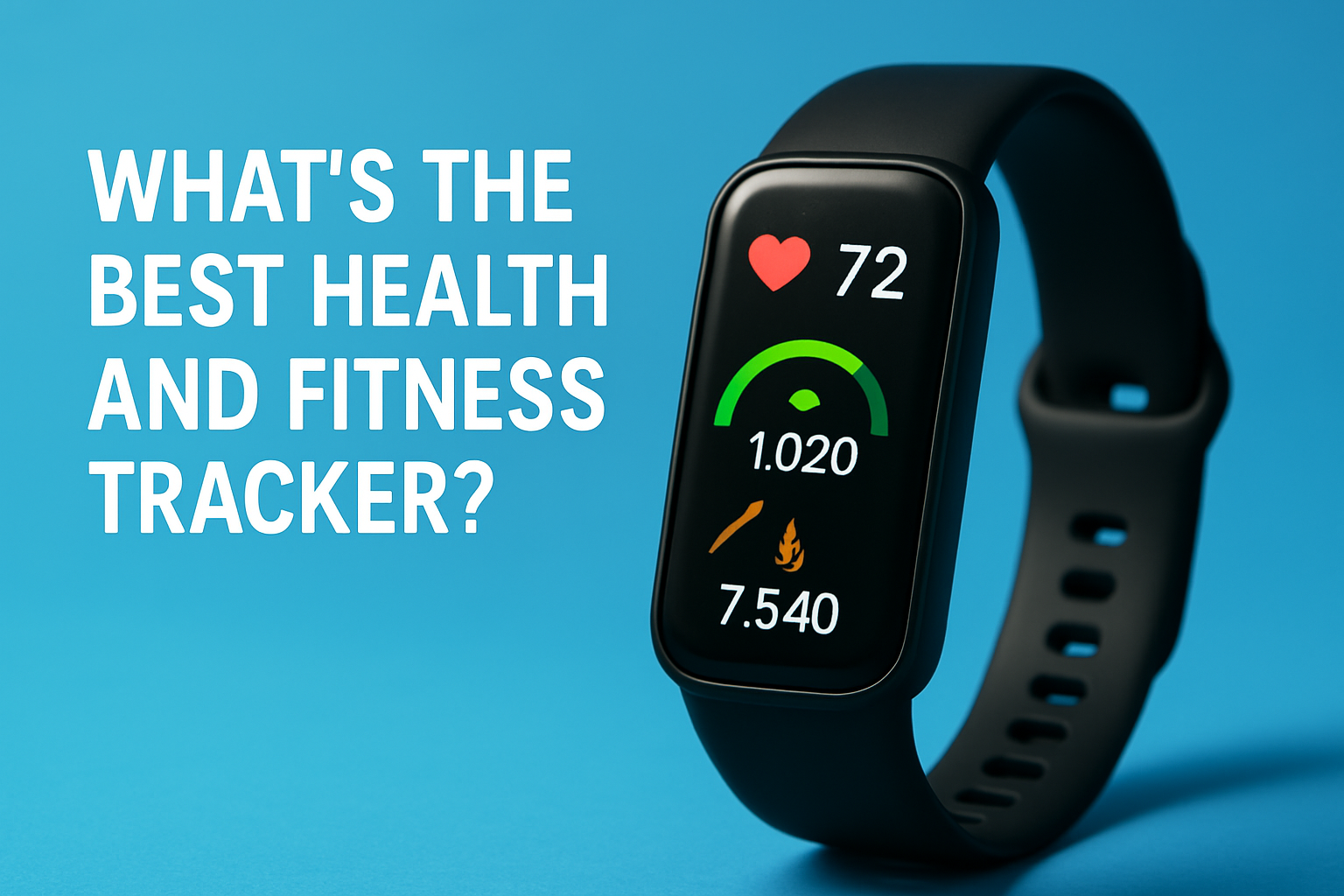 Fitness tracker displaying heart rate, step count, and calories burned, with the question "What's the best health and fitness tracker?" in bold text on a blue background.