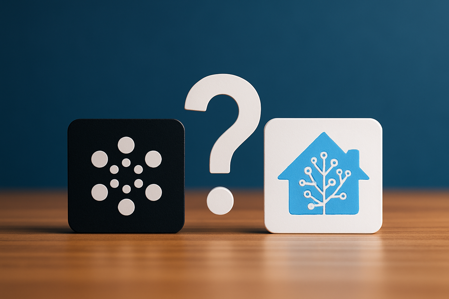 SmartThings logo on the left, Home Assistant logo on the right, and a question mark in the center, symbolizing the integration of smart home technologies.