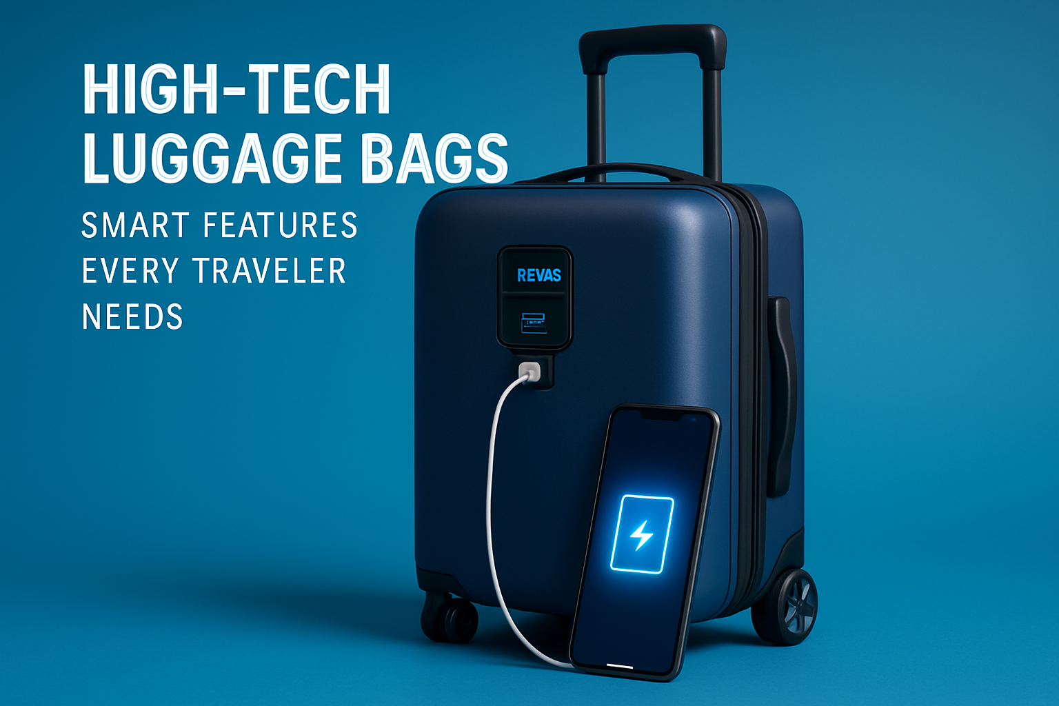 High-tech luggage bag with USB charging port and smartphone, emphasizing smart features for modern travelers.