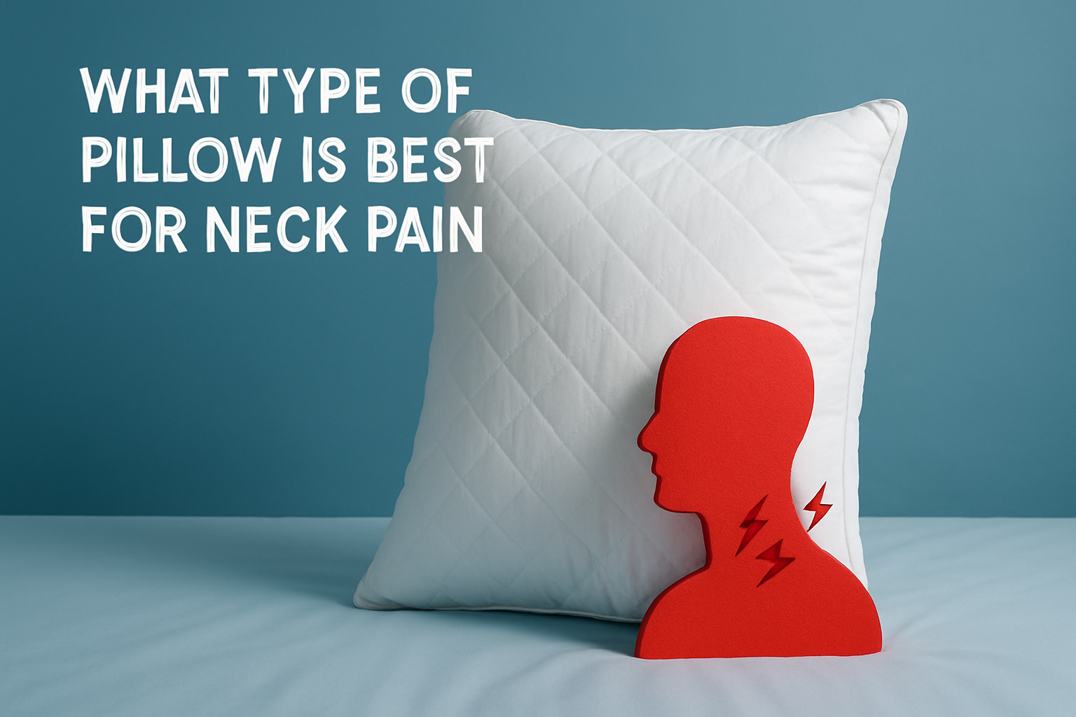 White quilted neck pillow with red silhouette depicting neck pain, text overlay asking "What type of pillow is best for neck pain," against a blue background.