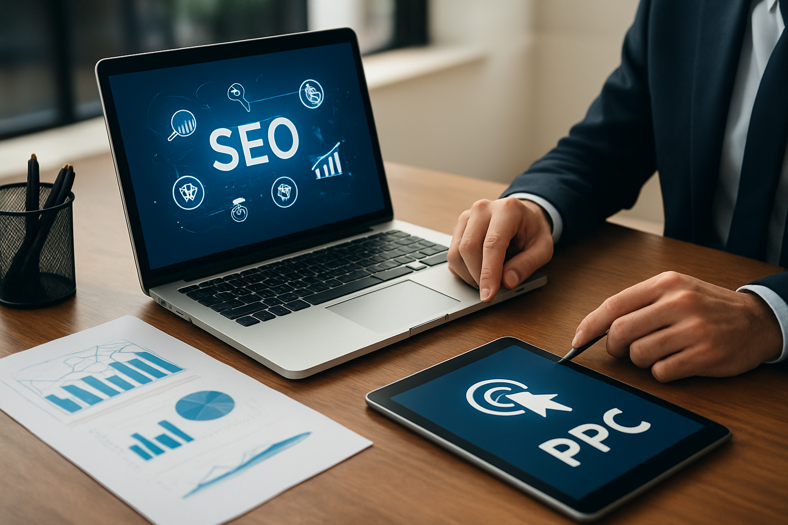 Illustration for Service Mix That Scales with You: National & Local SEO (Search Engine Optimization), Web Design and PPC (Pay Per Click) related to agency marketing digital