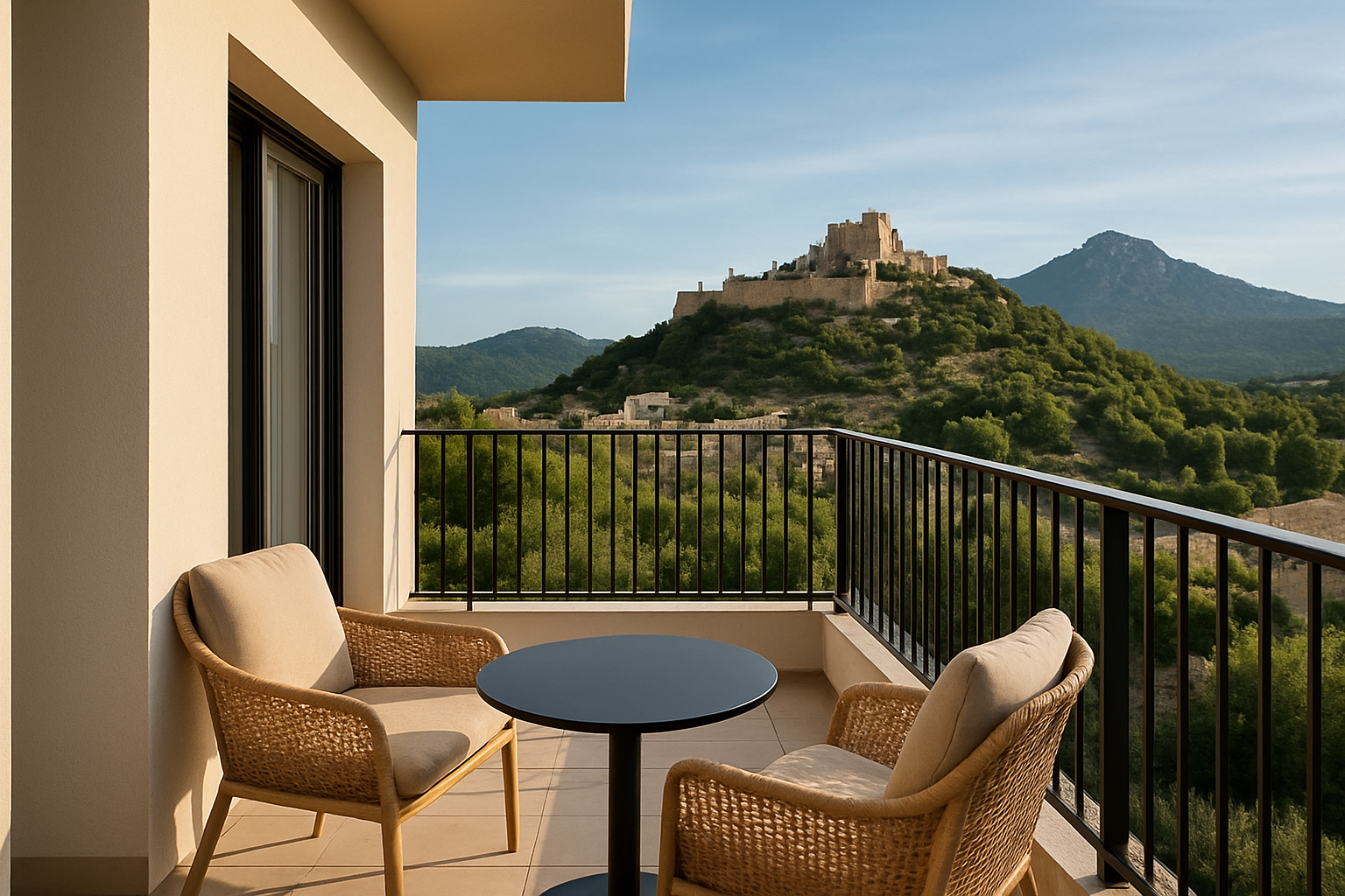 Illustration for Vila Nova Suites & Spa resuelve un problema real de viaje related to hotel con vistas a la montaña y al castillo de capdepera