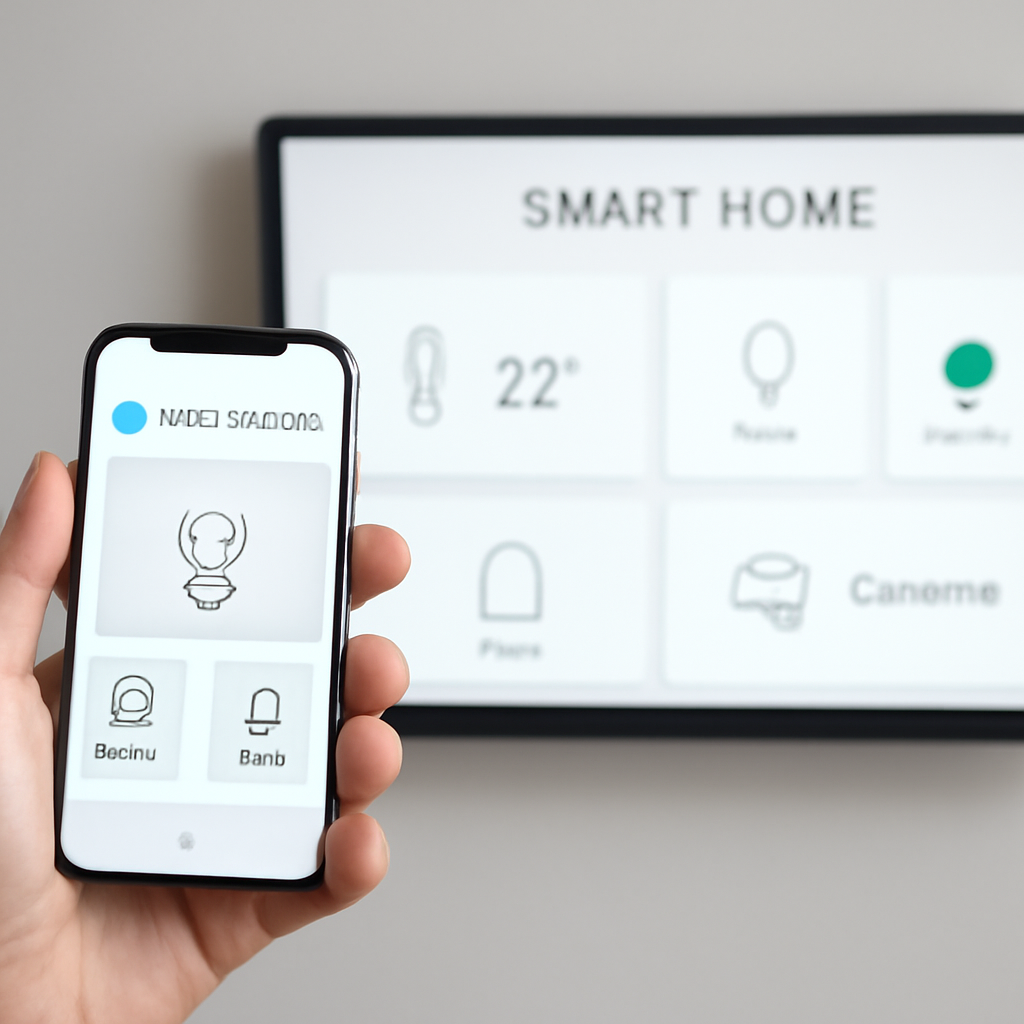 Smartphone displaying Smart Home app interface with control options, including light settings and temperature, alongside a wall-mounted display showing "SMART HOME" and various device statuses.
