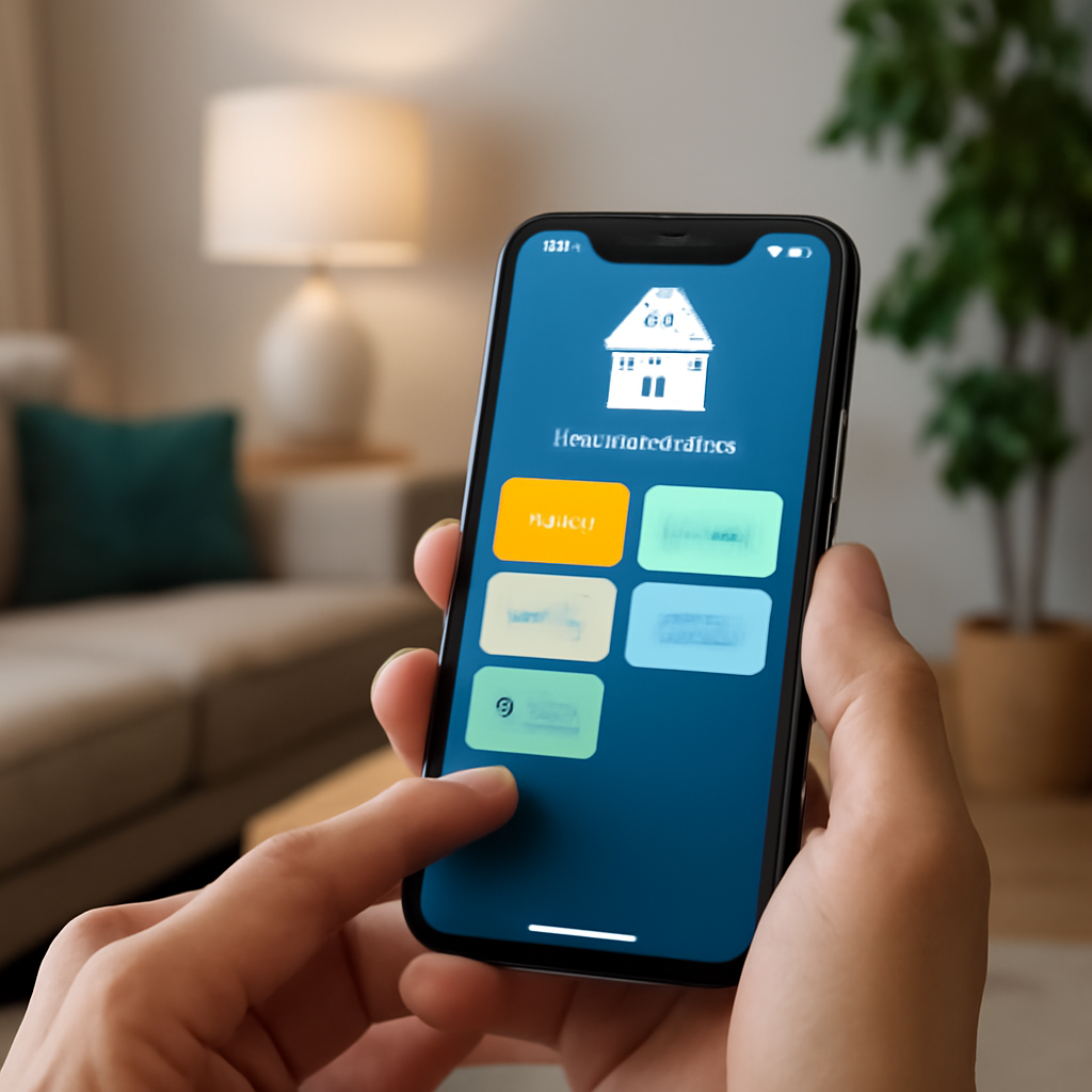 Smartphone displaying home automation app interface with controls for privacy and routines, set in a cozy living room environment.
