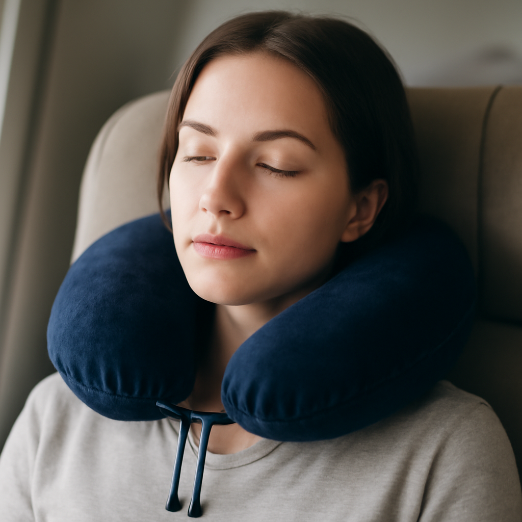 Woman resting with a contoured travel neck pillow, designed to support the head and neck, promoting comfort and reducing strain during travel.