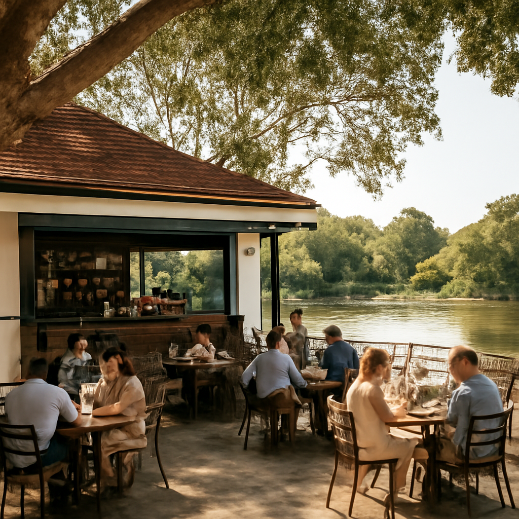 Illustration for Real Moments: Weddings, Long Lunches, and Work Gatherings related to picturesque cafe and bar along the canning river