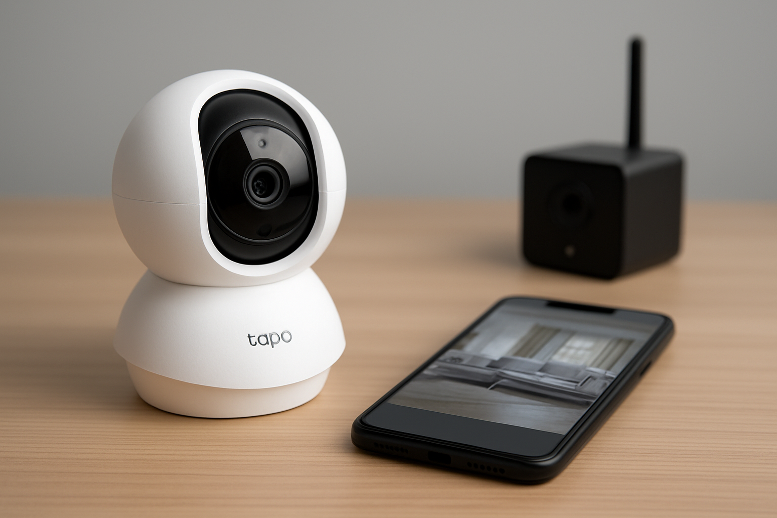 Tapo security camera on a wooden surface with a smartphone displaying a live view, emphasizing smart home integration and local streaming capabilities.