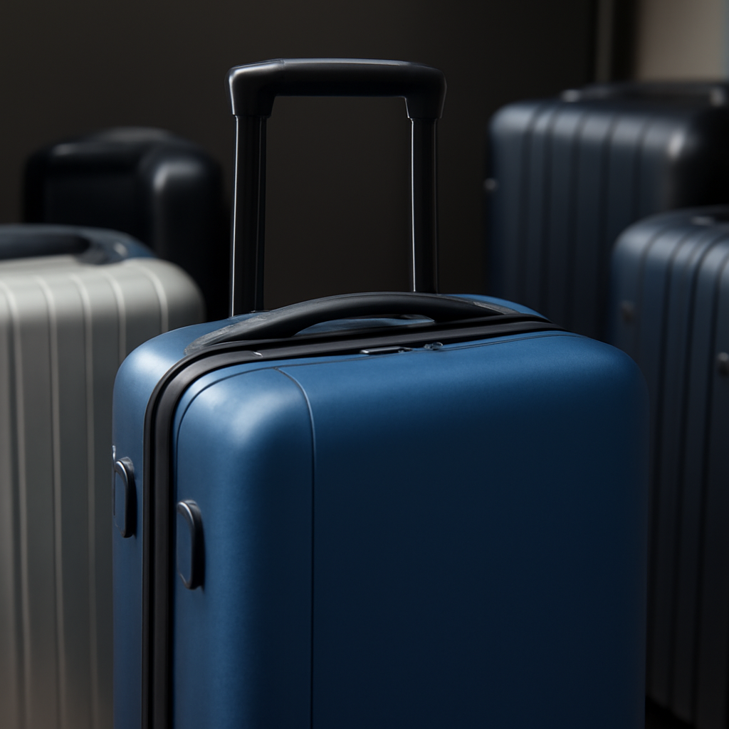 Blue luggage bag with a retractable handle, surrounded by various other bags, emphasizing smart travel features and design.