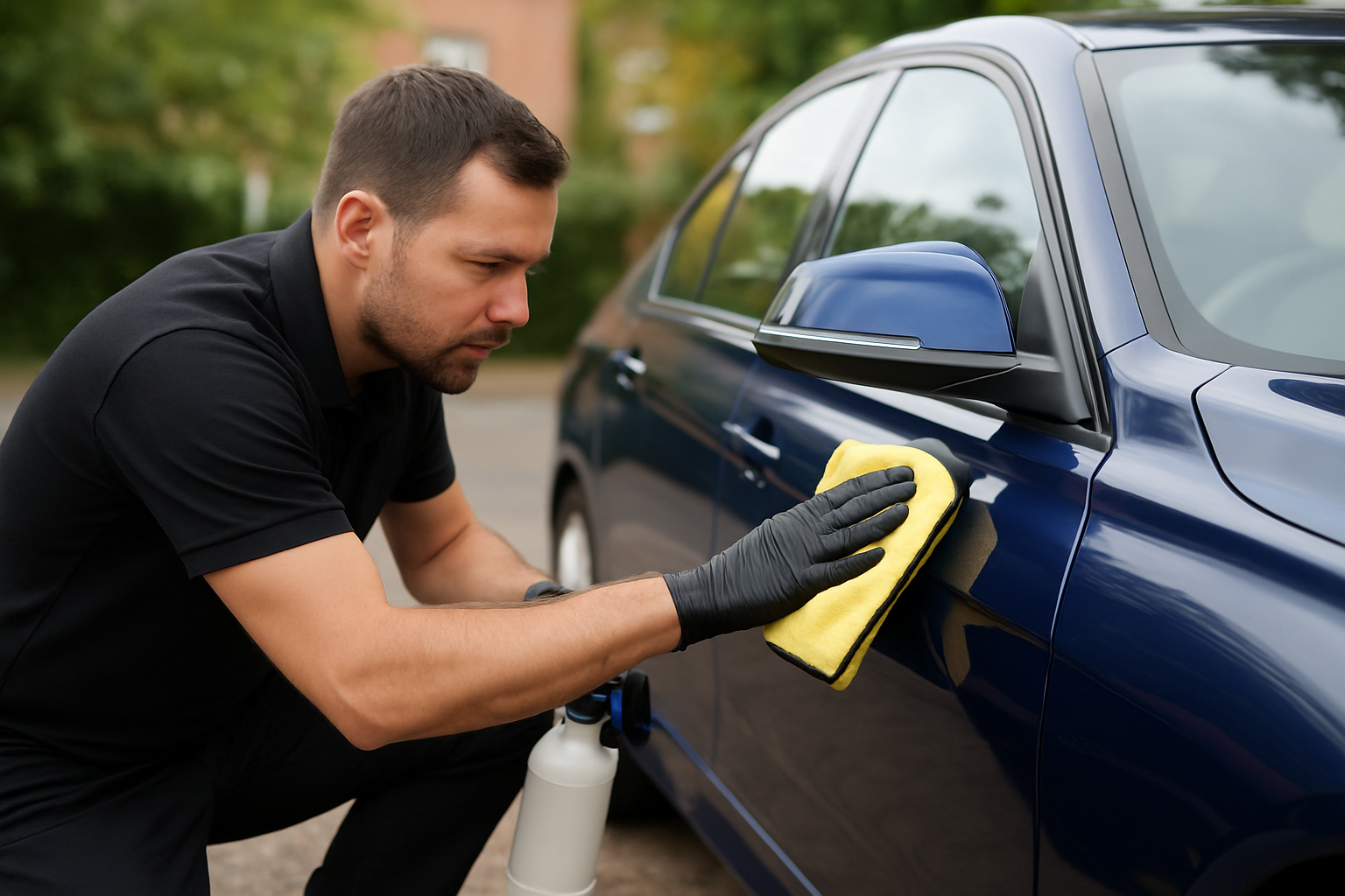 Mobile Eco Car Detailing in Epsom and Cobham | 10-Point Check Lists 2 A man wearing black gloves and a black shirt uses a yellow microfibre cloth to clean the side of a blue car outdoors. A spray bottle is placed nearby on the ground.