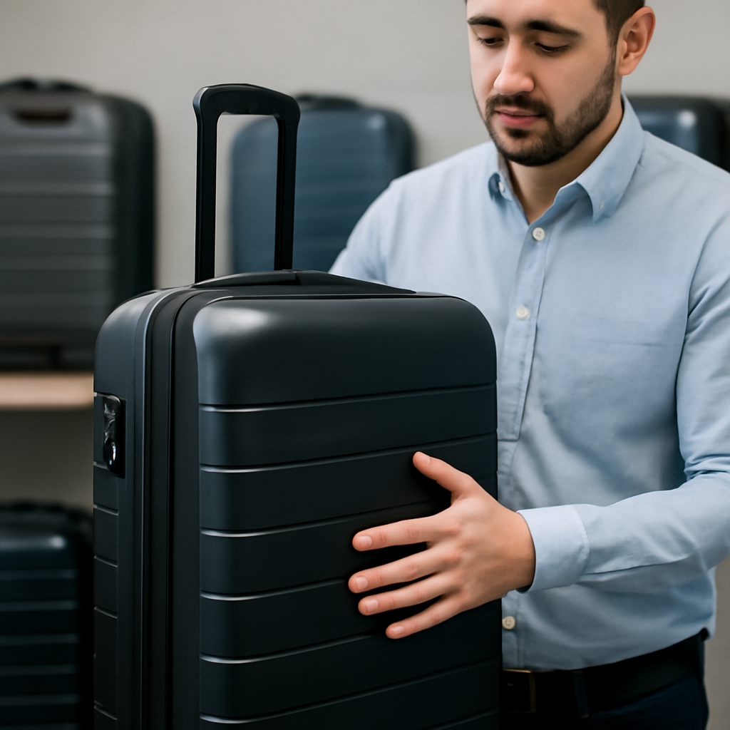 Man examining a high-tech black luggage bag with a retractable handle, showcasing modern travel gear features in a retail setting.