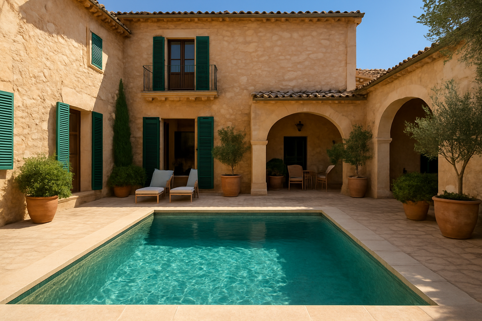 Illustration für Expertentipps, wie man Geld sparen kann, ohne an Authentizität zu verlieren, bezogen auf die mallorquinische Terrasse mit Pool