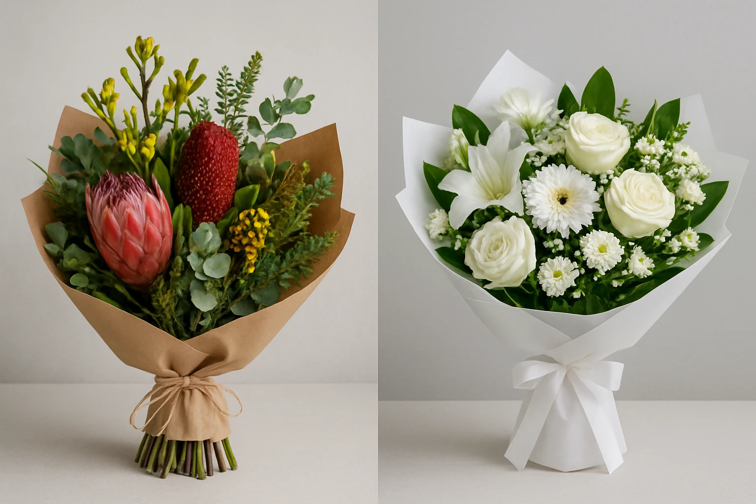 #3 Native Australian bouquet and #4 White sympathy bouquet - fresh cut flower bouquets guide
