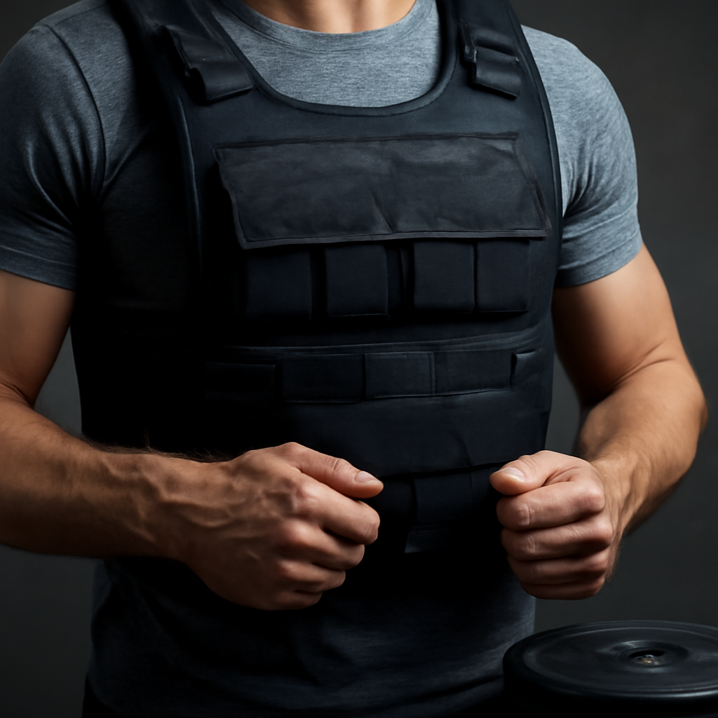 Man wearing a black weighted vest, demonstrating proper fit and readiness for workout routines, emphasizing fitness technology and accessories.