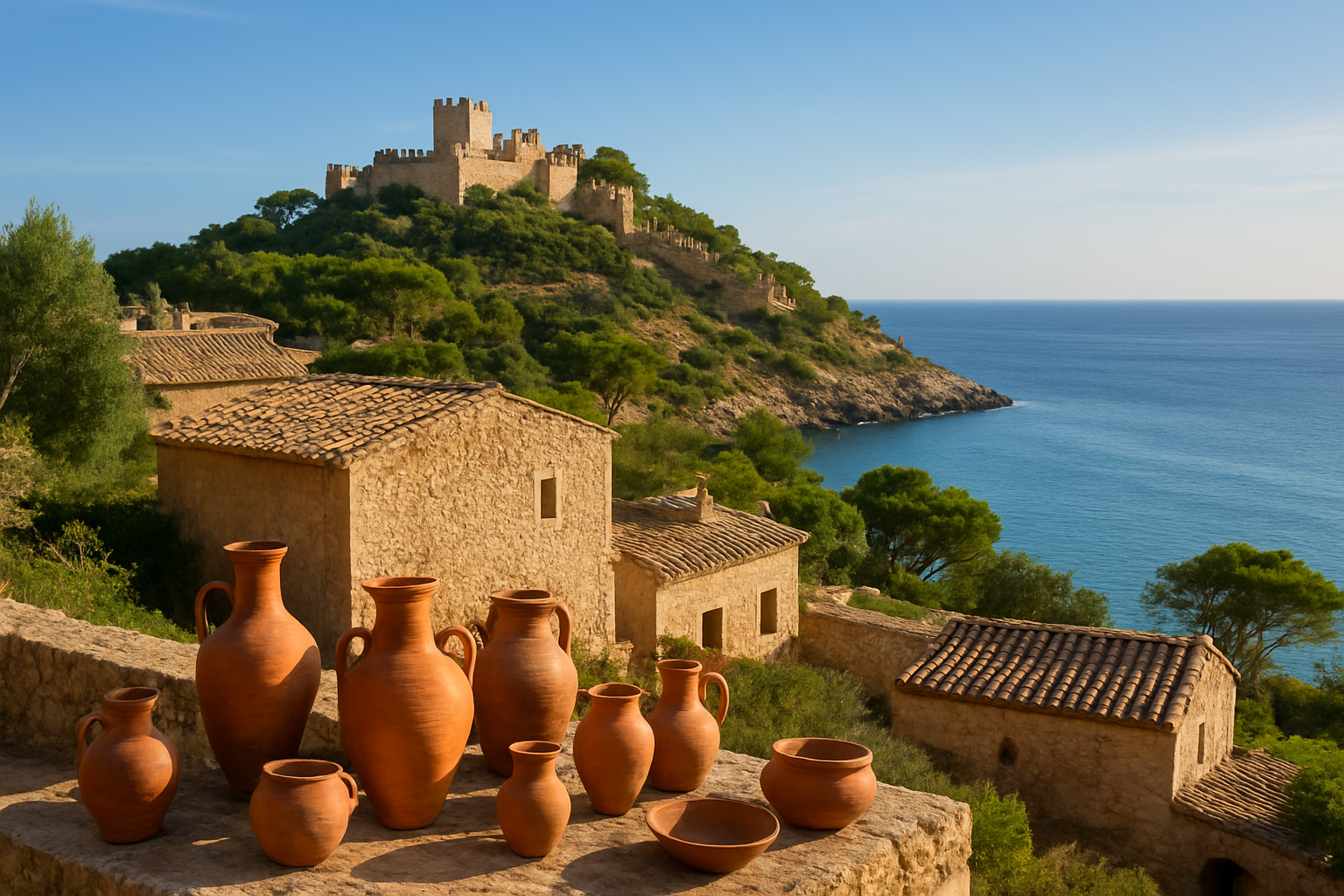 Illustration für das authentische Capdepera: Kunsthandwerk, Burg und ruhiges Meer in Verbindung mit Portals Hills Boutique Hotel Mallorca