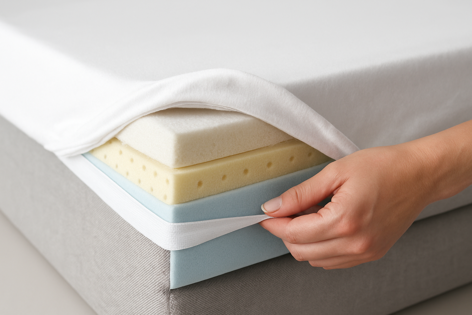 Illustration for Materiaal en laag-opbouw: molton, jersey, toppers en SENS-ICE related to elastiek rondom hoeslaken