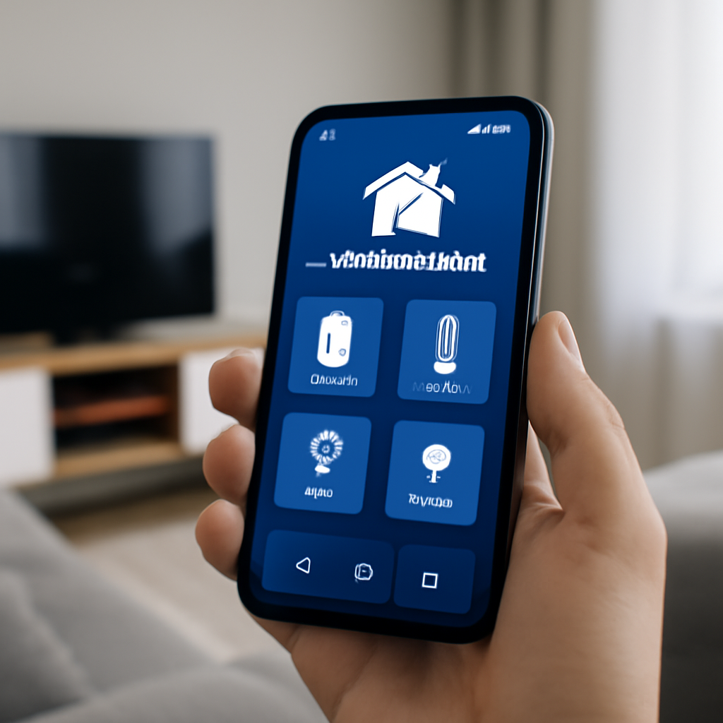 Smartphone displaying a smart home app interface with icons for device control, set in a living room environment with a TV in the background, illustrating smart home technology integration and management.