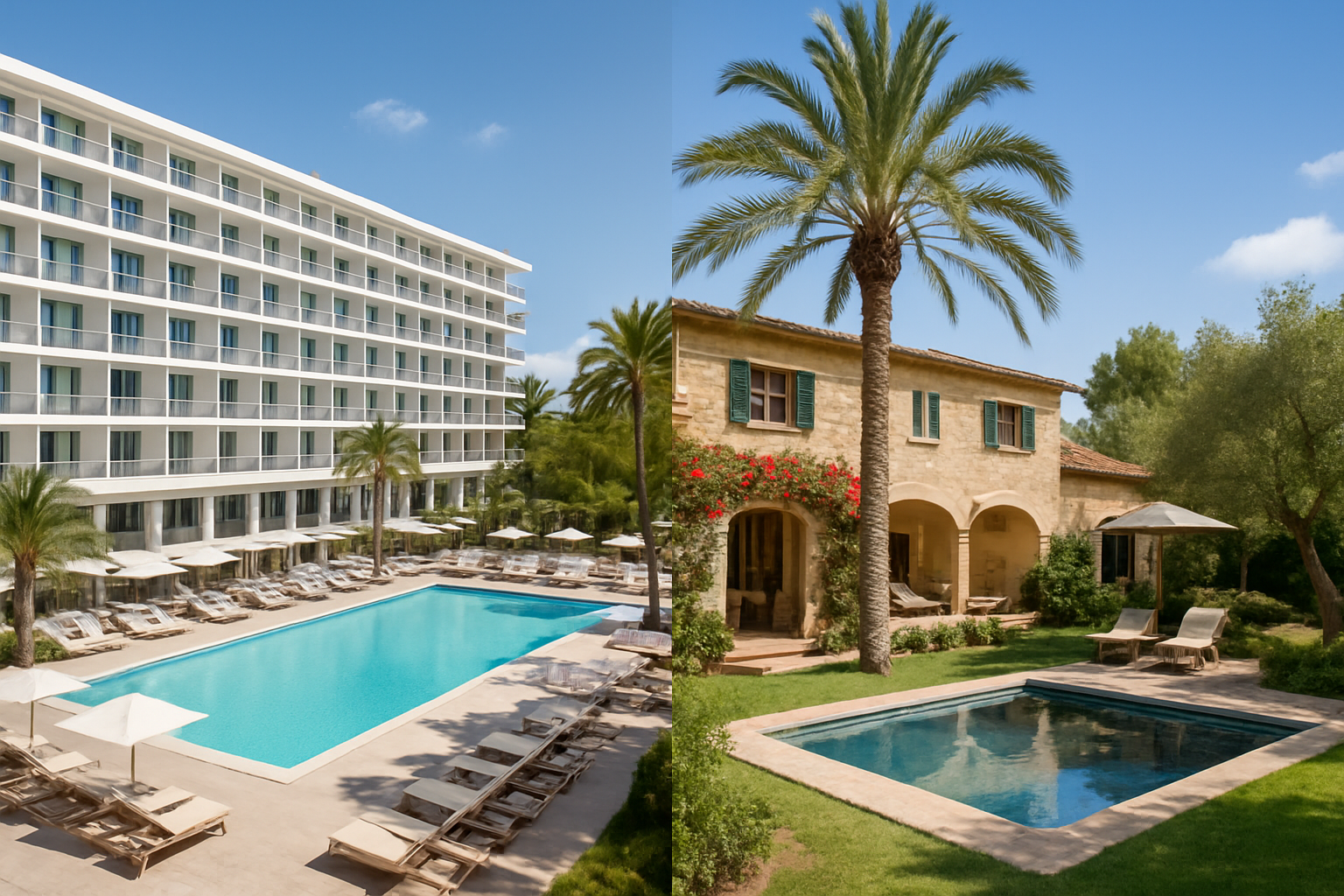 Illustration für den direkten Vergleich: Massenresort vs. Boutique mit Charakter bezogen auf den Club Pollentia Alcudia