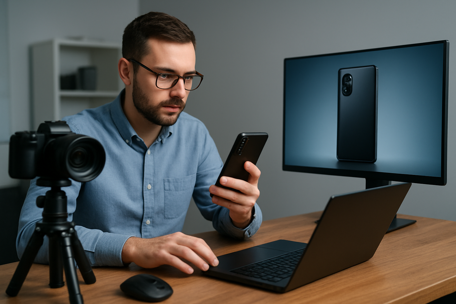 Man using smartphone while reviewing gadget on laptop, camera on tripod, modern workspace setup.