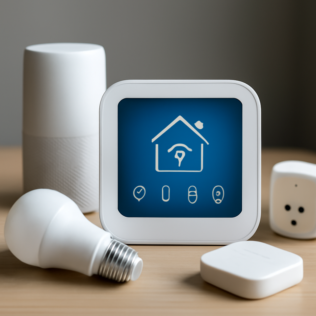 Smart home hub with visual interface, smart light bulb, and various smart devices on wooden surface, illustrating integrated climate and lighting control for enhanced home automation.