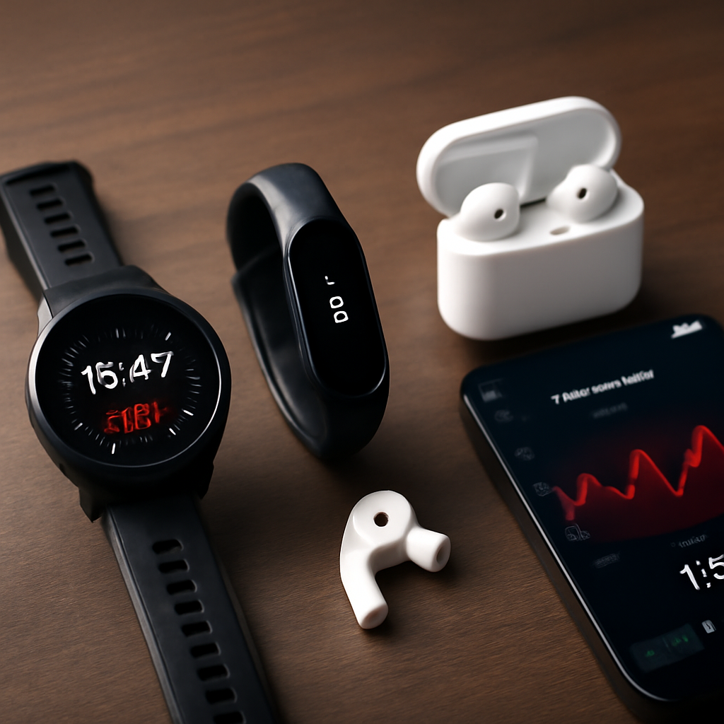 Smartwatch displaying time and fitness metrics, fitness tracker, wireless earbuds in charging case, and smartphone with health data graph, representing wearable technology for fitness and health management.