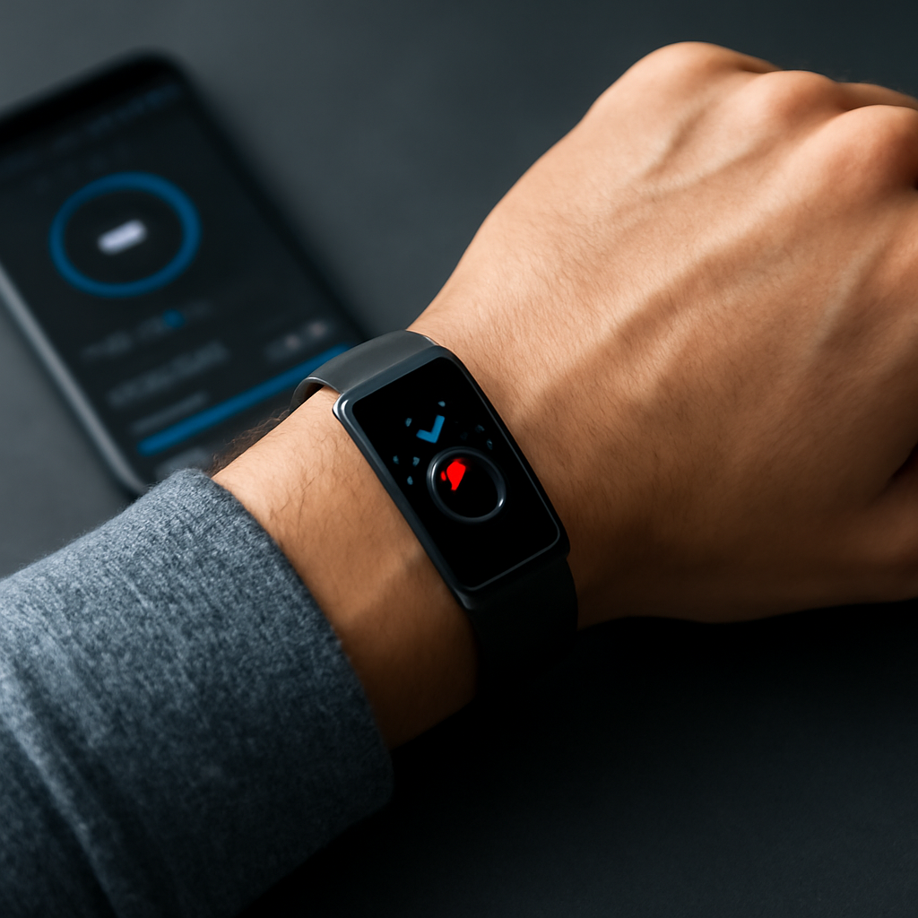 Fitness tracker on wrist displaying heart rate metrics, with smartphone in background showing health data interface, emphasizing battery life and accuracy for health-conscious consumers.