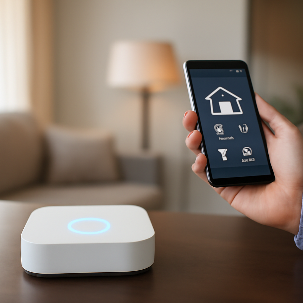 Smartphone displaying smart home controls next to a white smart hub on a table, illustrating integration of SmartThings with Home Assistant for home automation.