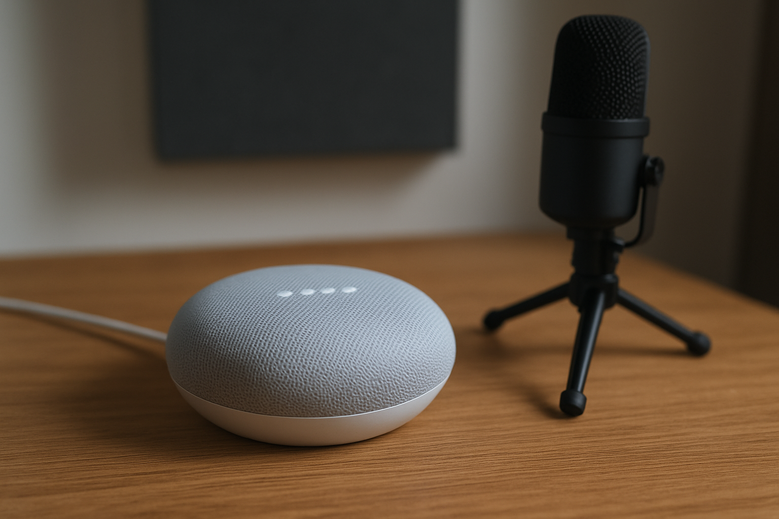 Google Mini smart speaker on a wooden surface, with a microphone nearby, showcasing its compact design and functionality for daily tasks and audio clarity.
