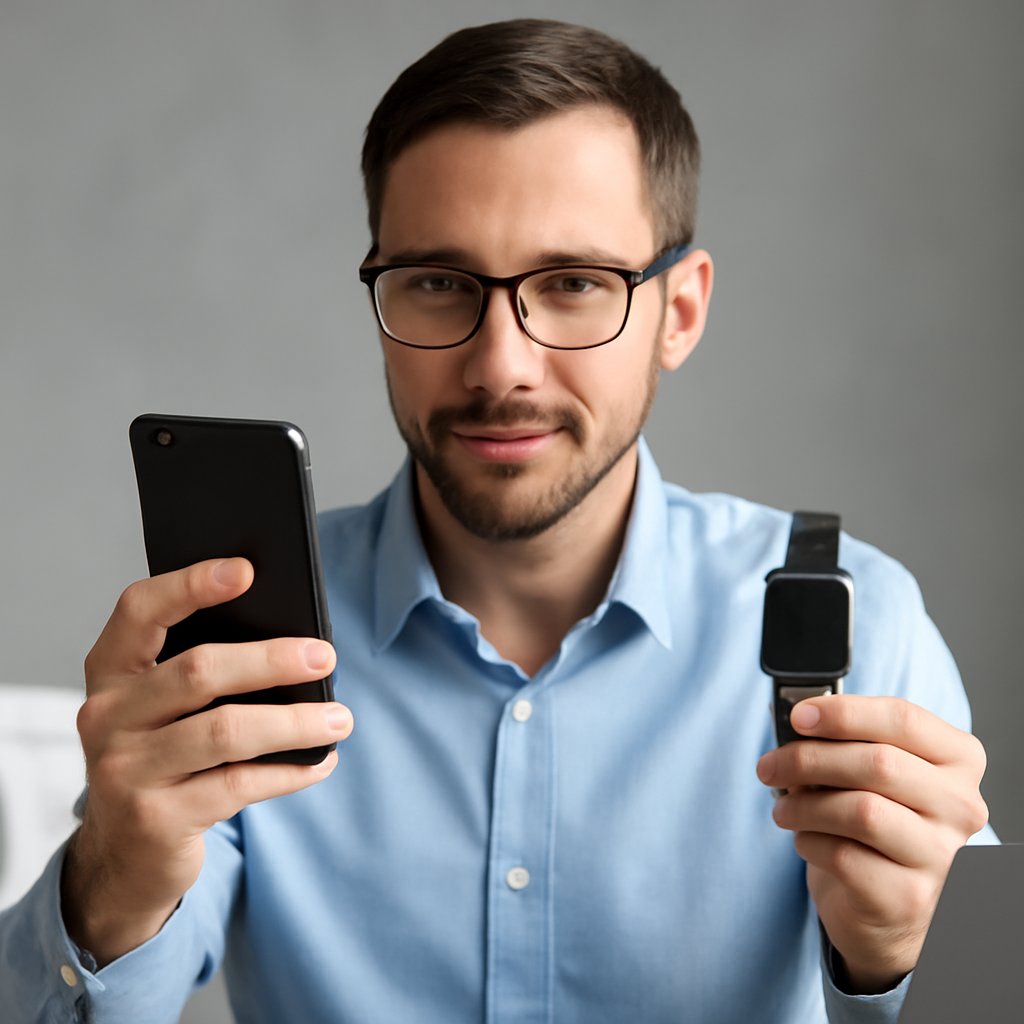 Man holding smartphone and smartwatch, showcasing innovative technology for daily life enhancement.