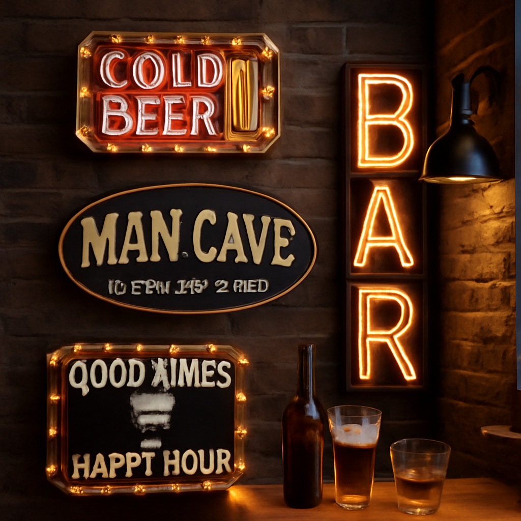 Illustration for Layout, Lighting, and Mounting Tricks That Make Every Sign Pop related to how to decorate a man cave with bar signs