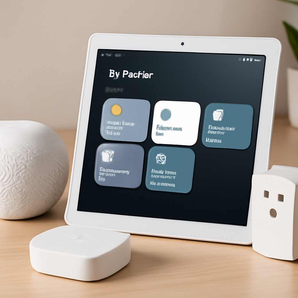 Tablet displaying smart home interface with icons for device management, alongside smart home devices, including a white hub and plug, emphasizing Homebridge's integration with Apple HomeKit.