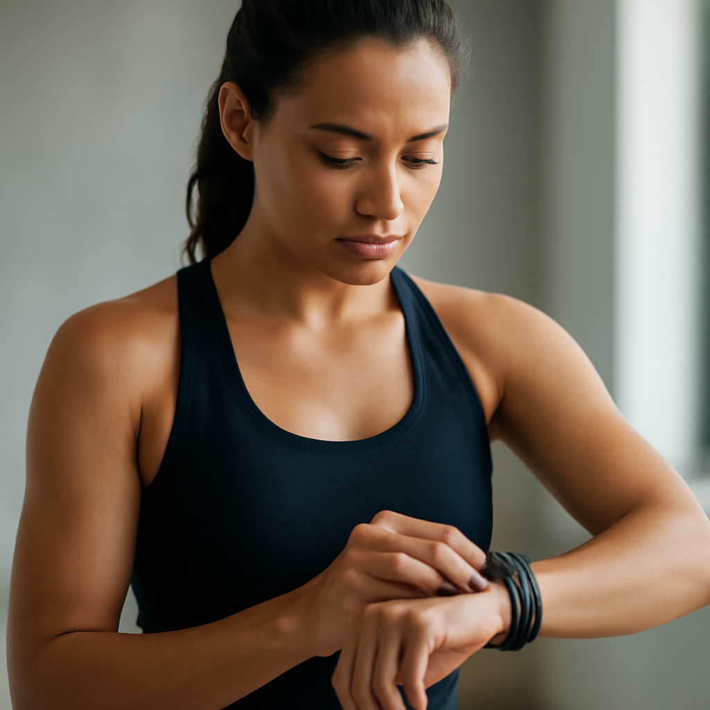 Woman checking fitness tracker on wrist, demonstrating smart features for health monitoring and daily life integration.