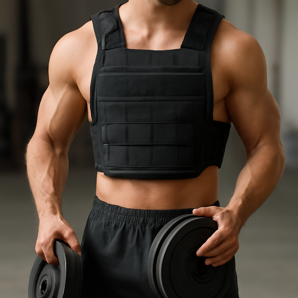 Man wearing a black weighted vest, holding two weight plates, demonstrating strength training techniques related to selecting weights for fitness goals.