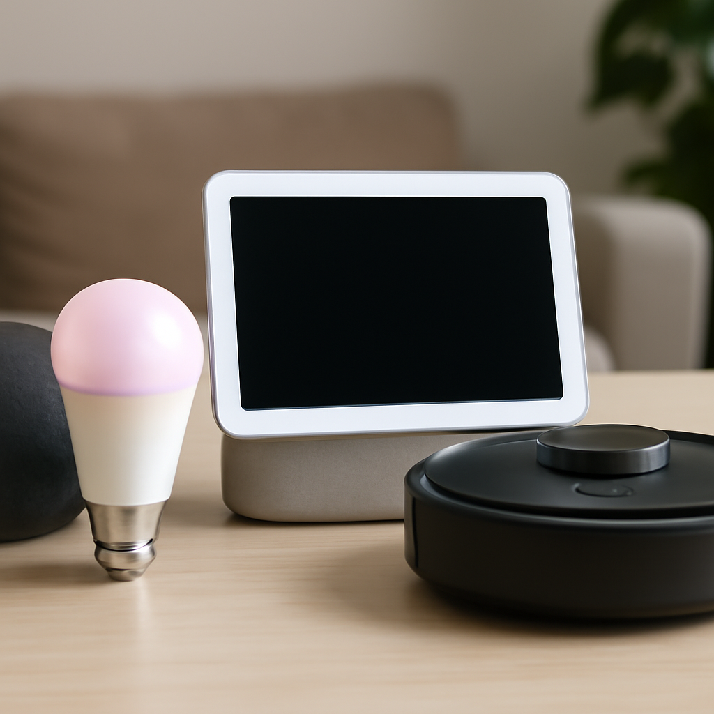 Smart home devices including a touchscreen display, a smart bulb with a pink top, and a robotic vacuum cleaner on a wooden table, representing innovative technology for home automation and energy efficiency.