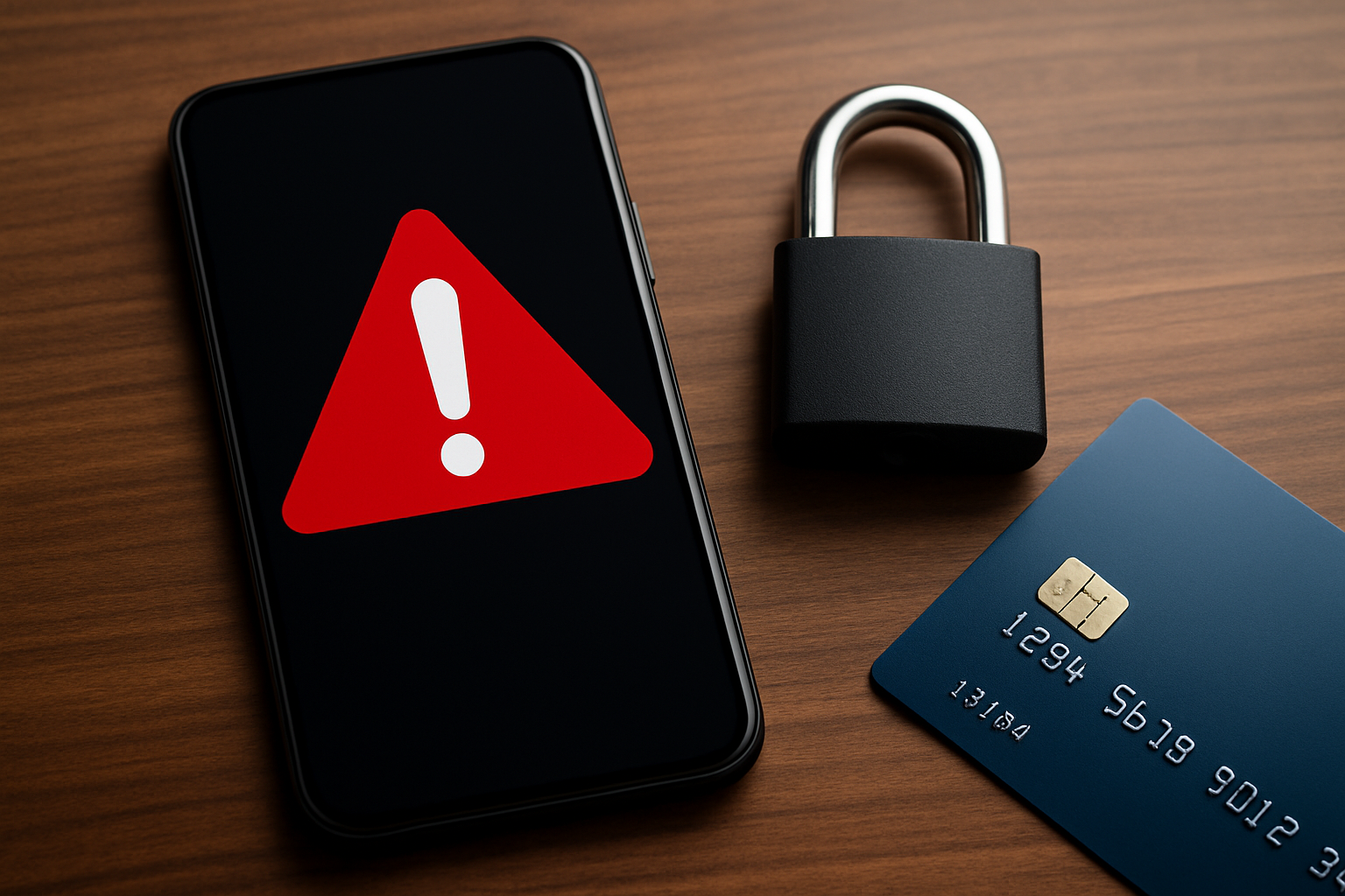 Smartphone displaying a red warning triangle, black padlock, and credit card on wooden surface, symbolizing security concerns and data protection in online shopping.