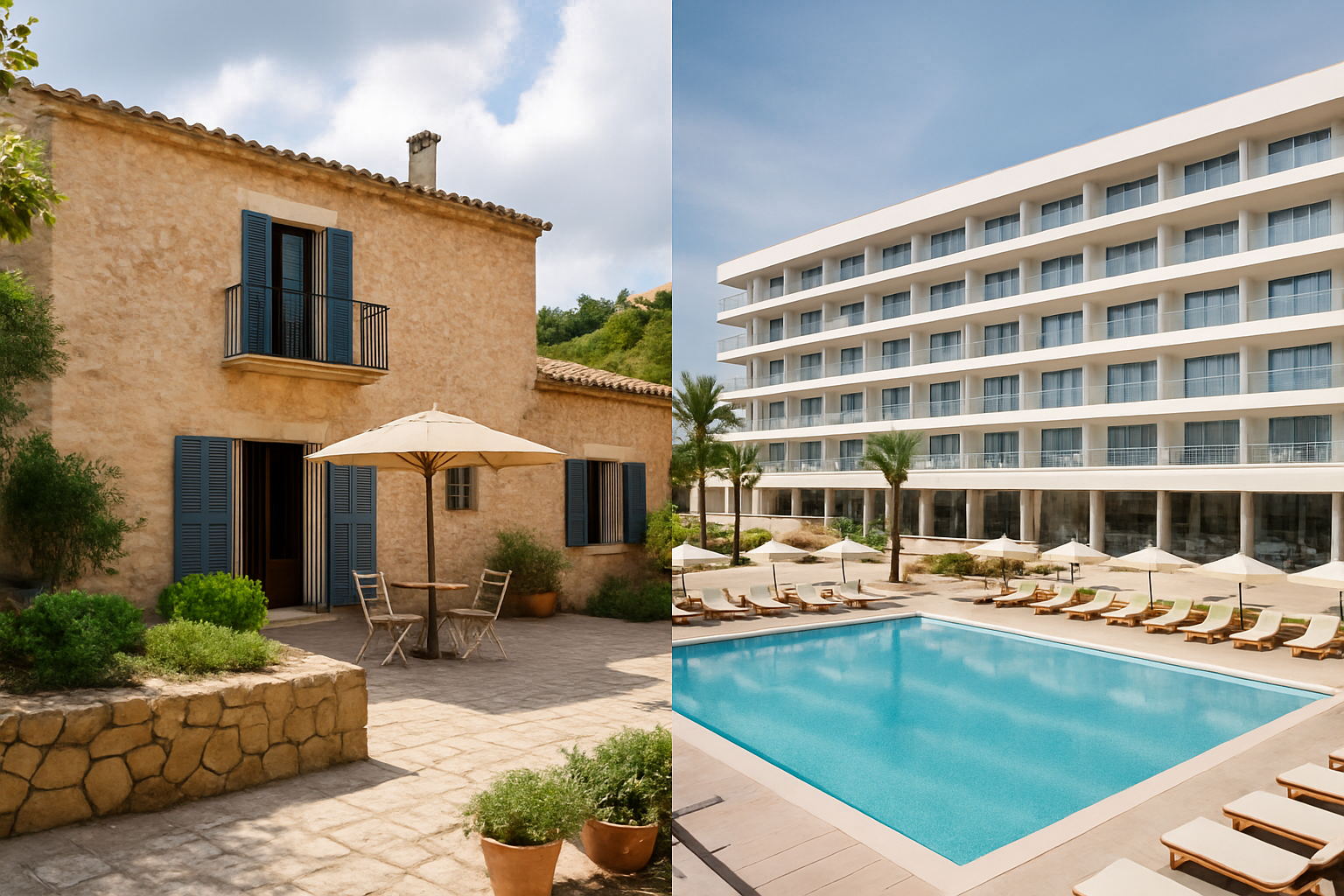 Illustration für Schnellvergleich: Boutique- vs. Großhotel bezogen auf Boutique-Unterkunft mit persönlichem Service in Capdepera