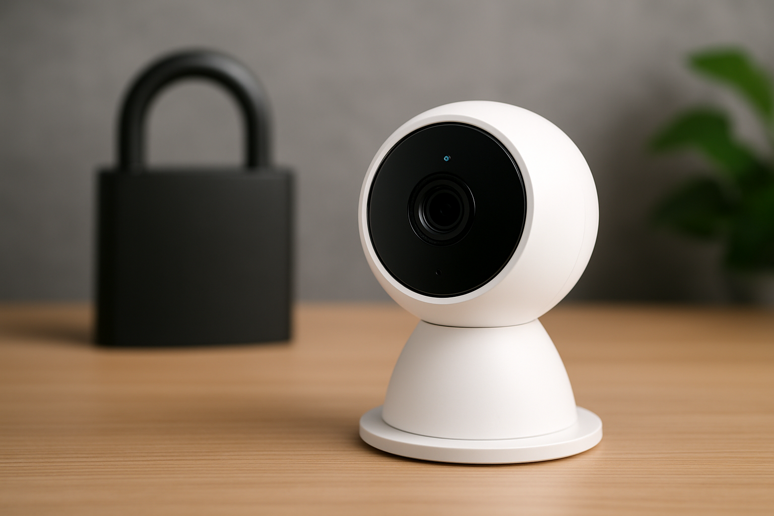 Smart home security camera in white, positioned on a wooden surface, with a black padlock in the background, symbolizing safety and automation integration with Tapo devices.