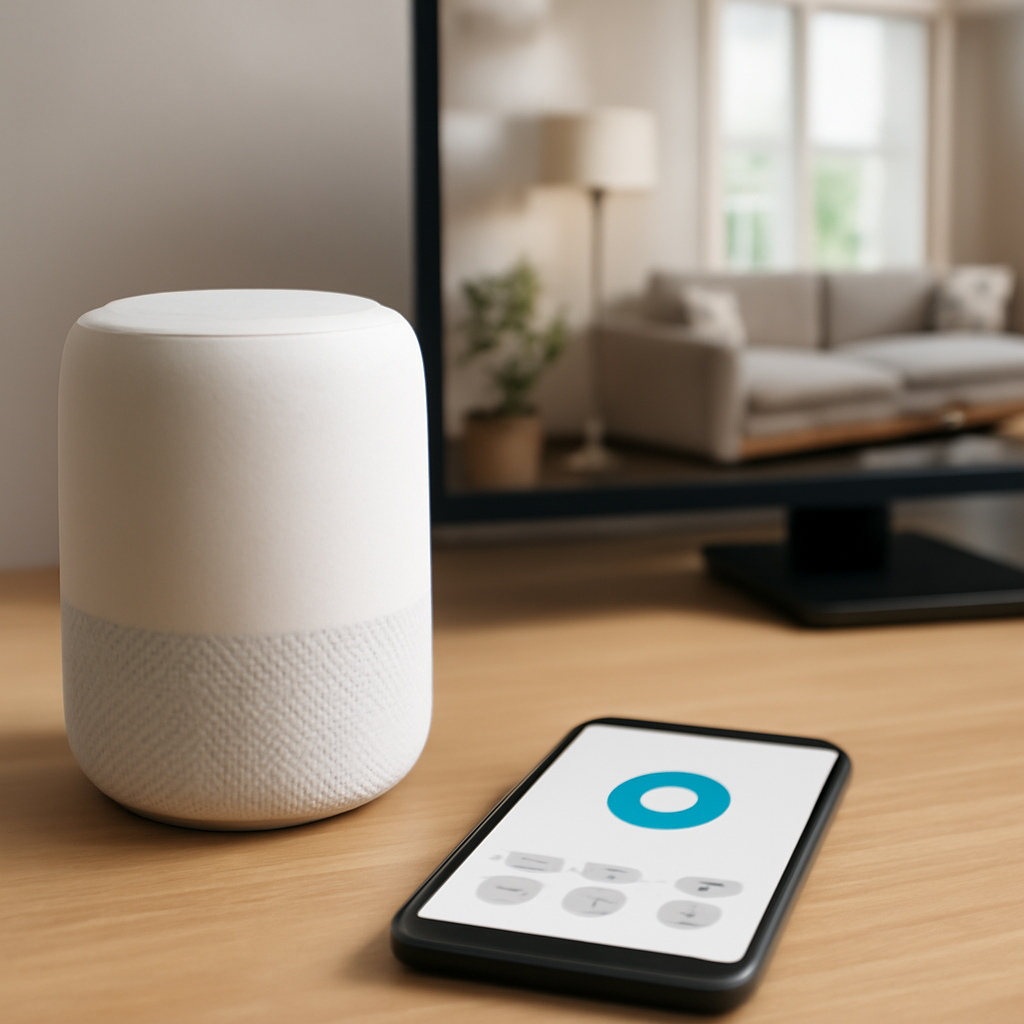 Smart home speaker on a table with smartphone displaying SmartThings app interface for device control and automation.