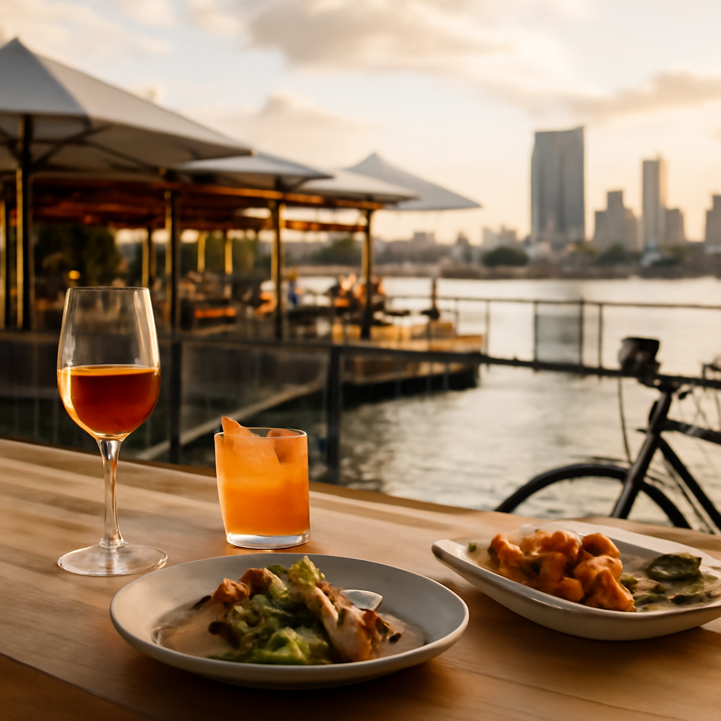 Illustration for What to Drink and Eat: From Sundowner Sips to Long-Lunch Plates related to riverside bar in perth