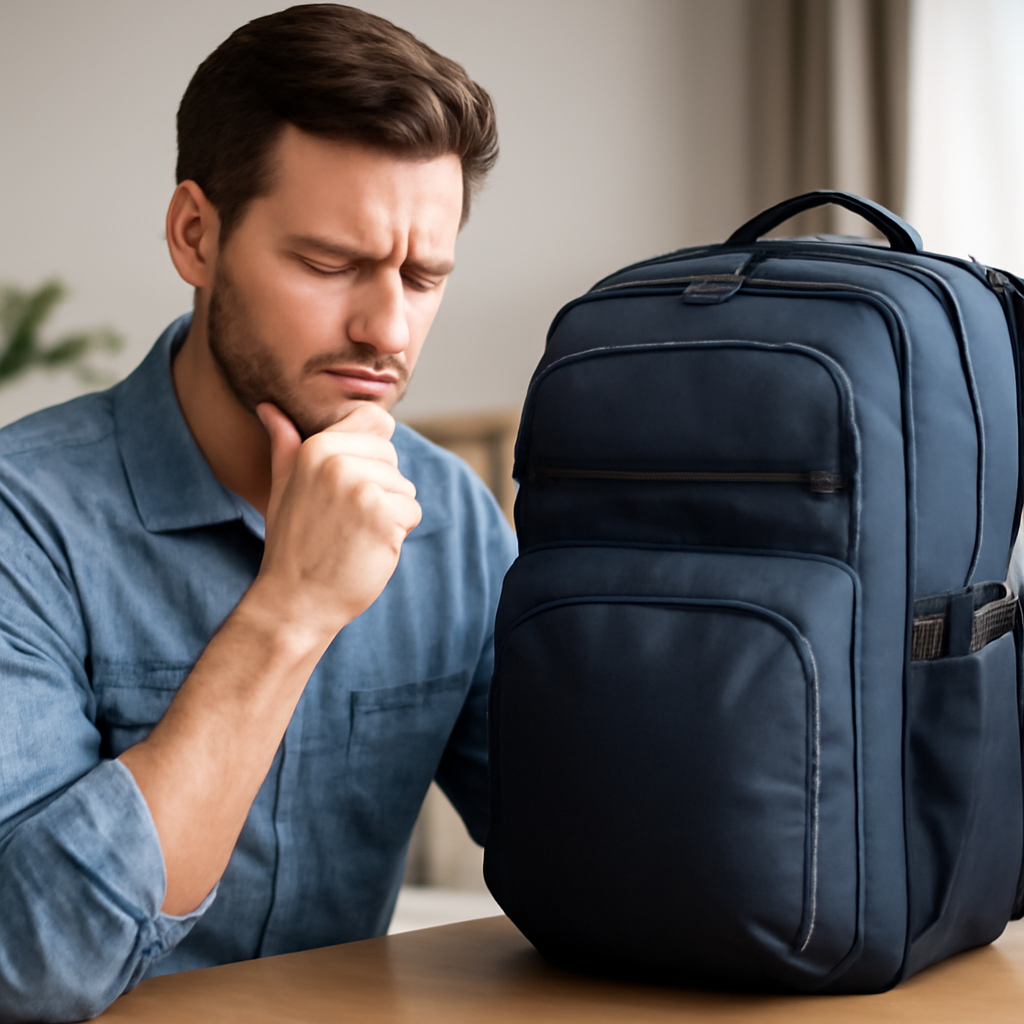 Man contemplating travel backpack features and organization, highlighting functionality and design for travel gear selection.
