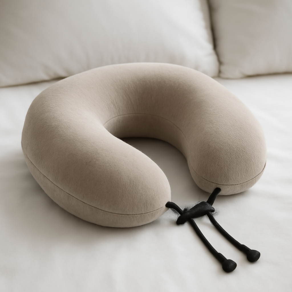 Neck pillow with a U-shape design, featuring soft fabric and adjustable closure, suitable for travel and neck support.