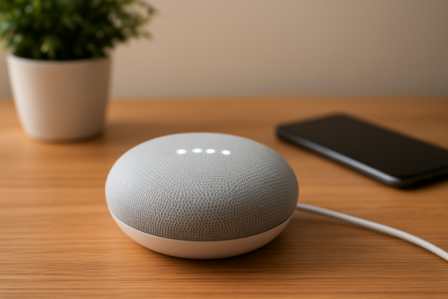 Google Mini smart speaker on wooden table with smartphone, featuring illuminated touch controls and a decorative plant in the background.