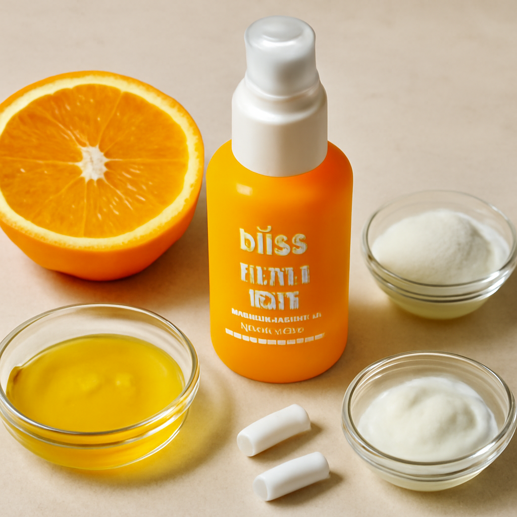 Illustration for Ingredient Deep Dive and UK-Friendly How-To related to bliss bright idea vitamin c & tri peptide collagen protecting