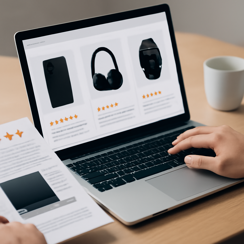 Person browsing product reviews on a laptop, featuring gadgets like headphones and smartwatches, with a printed guide in hand, emphasizing informed purchasing decisions for technology solutions.