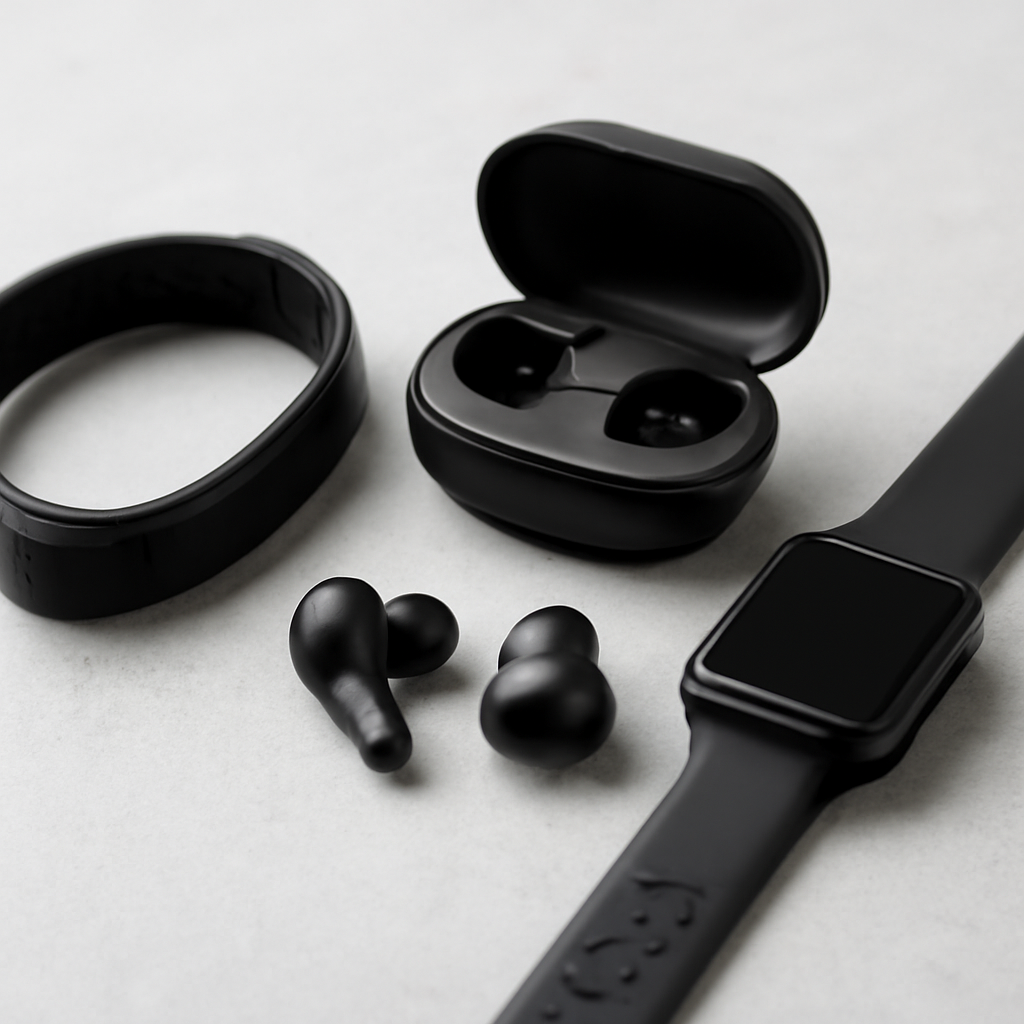 Black fitness wearable, smartwatch, and wireless earbuds on a light surface, representing innovative fitness and wellness technology for 2025.