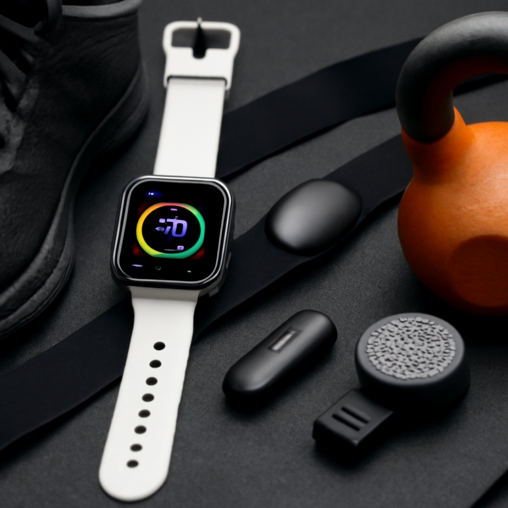 Smart wearable technology including a fitness watch, heart rate monitor, and sensors on a dark background with athletic footwear and a kettlebell, illustrating modern sport equipment for performance tracking and connected training.