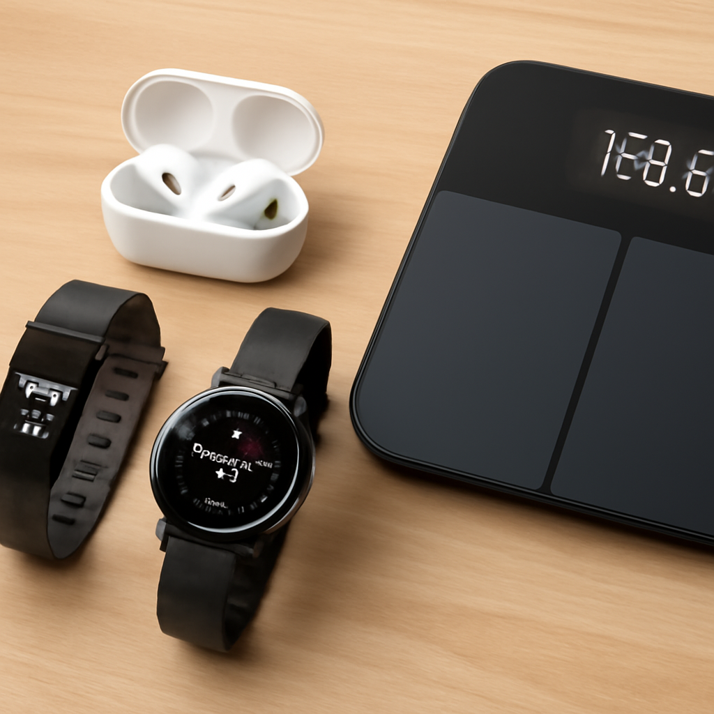 Smart fitness devices including a smartwatch displaying health metrics, a digital smart scale, and wireless earbuds on a wooden surface, representing the integration of technology in health and wellness.