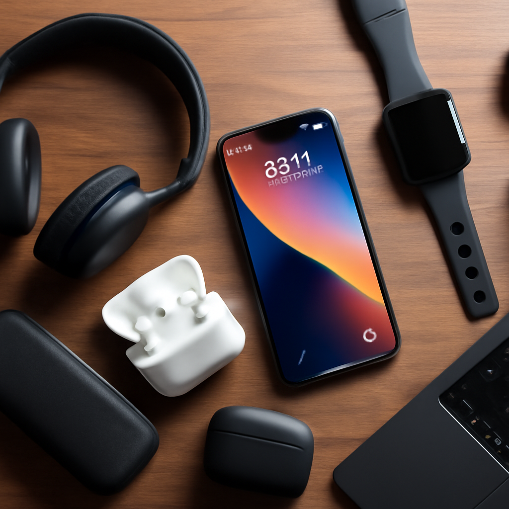 Smartphone displaying app interface surrounded by wireless headphones, earbuds, smartwatch, and portable charging case on wooden surface, representing high-tech gadgets for enhanced daily life.