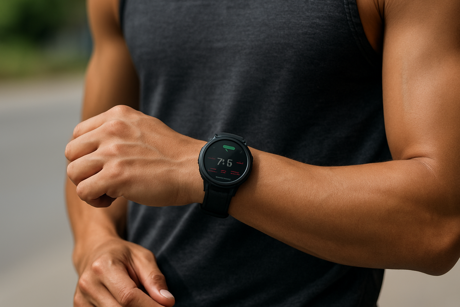 Fitness enthusiast checking V Fitness Activity GPS Smart Watch displaying metrics like pace and distance, emphasizing usability for workouts and daily routines.