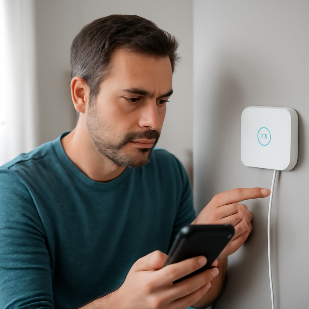 Man interacting with a smart home hub while using a smartphone, illustrating integration of Home Assistant and SmartThings for troubleshooting and best practices.