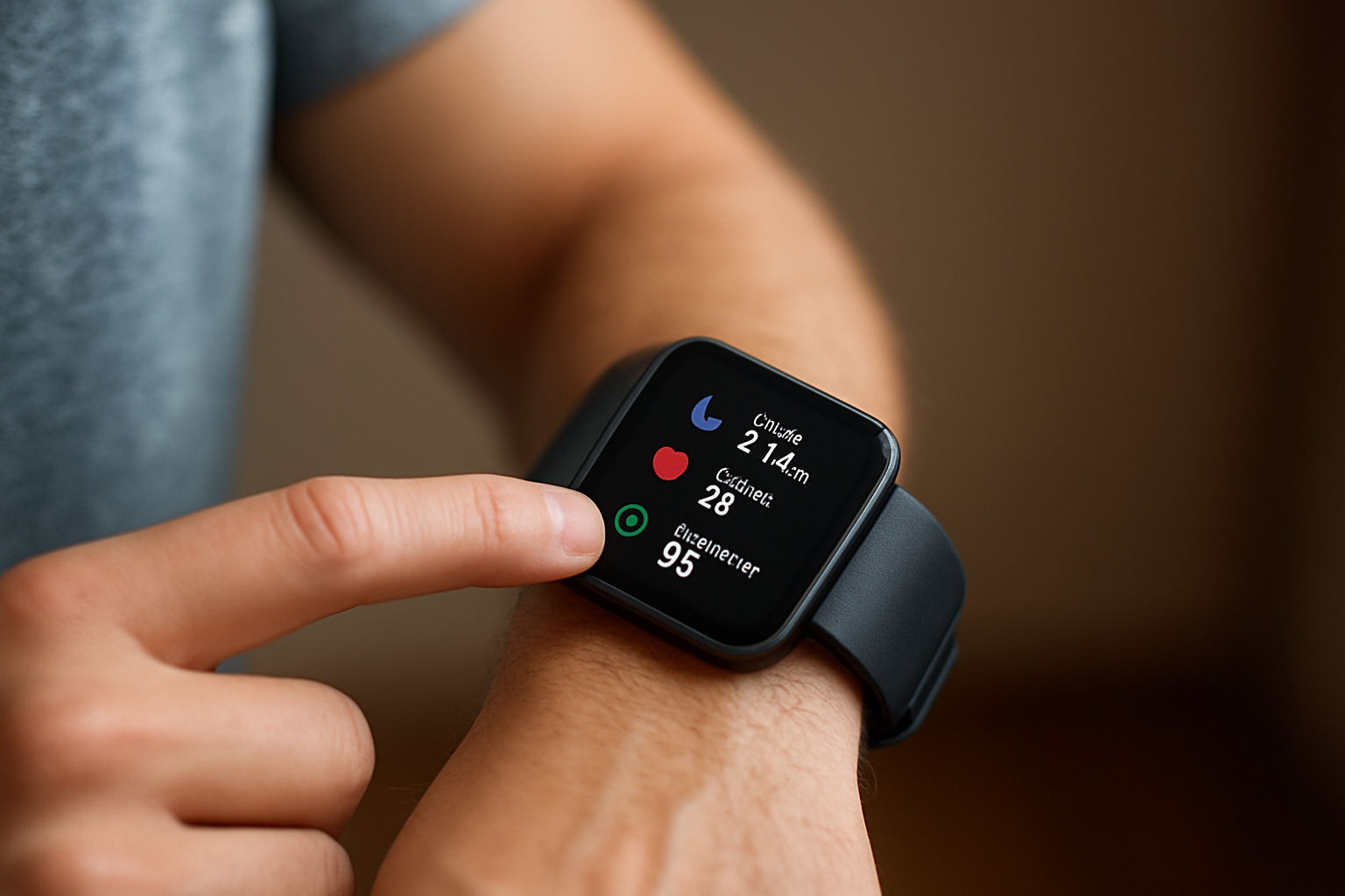Person interacting with a V Fitness Activity GPS Smart Watch displaying health metrics such as sleep data, heart rate, and oxygen level, emphasizing fitness and health tracking features.